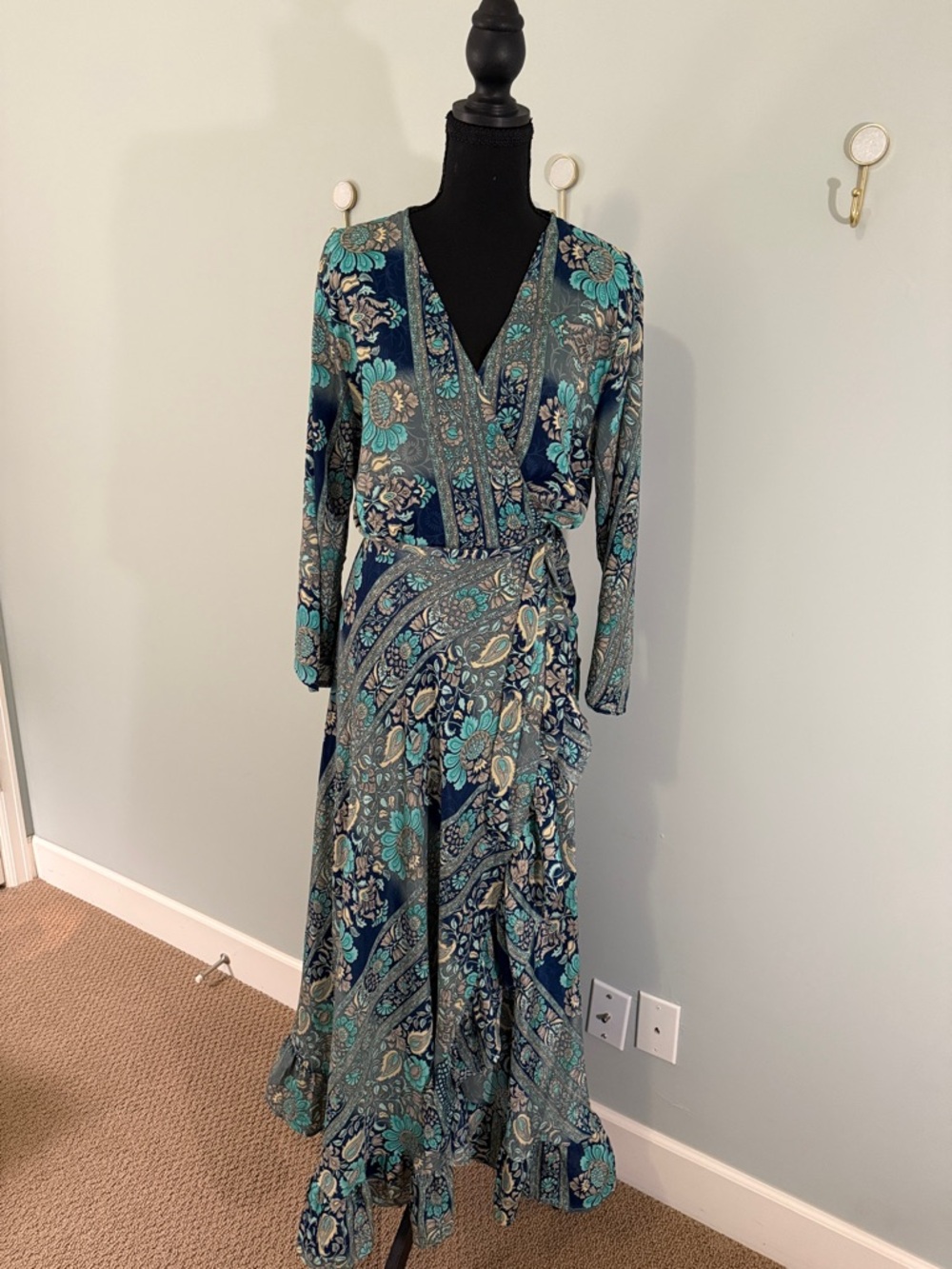 Teal Floral Wrap Maxi Dress with Tie Waist - Women